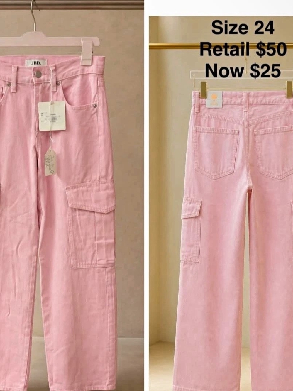 JBD Women’s Pink Solid Denim Cargo Wide-Leg Pants, Regular Size 24, Pockets